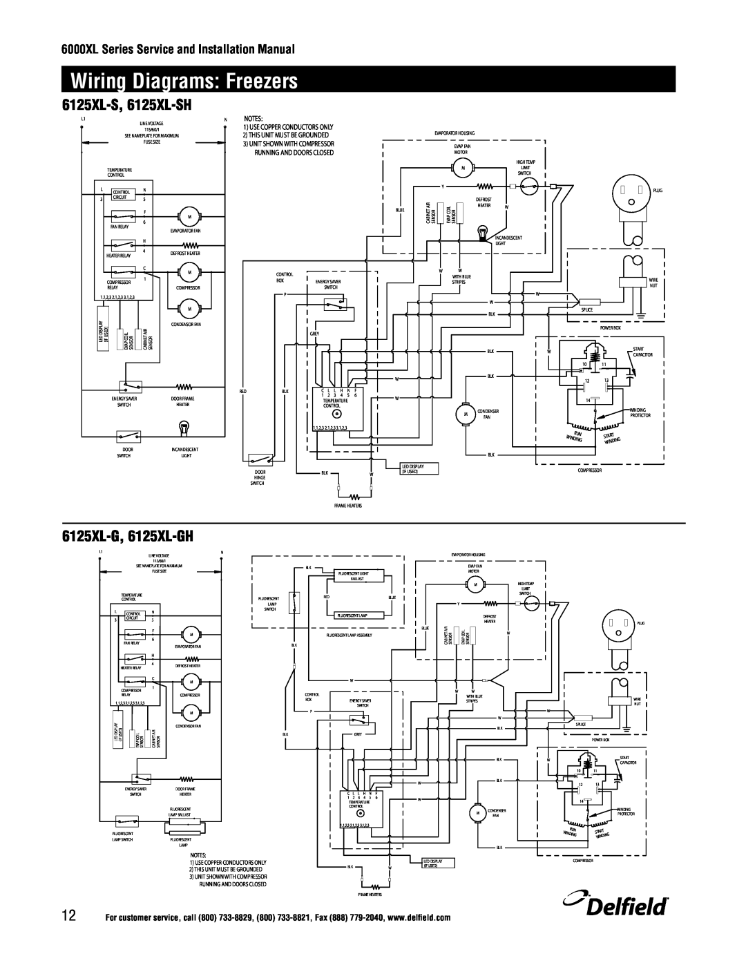 Delfield 6100XL manual Wiring Diagrams: Freezers, 6125XL-G, 6125XL-GH, 6125XL-S, 6125XL-SH, Delfield, Nnotes 