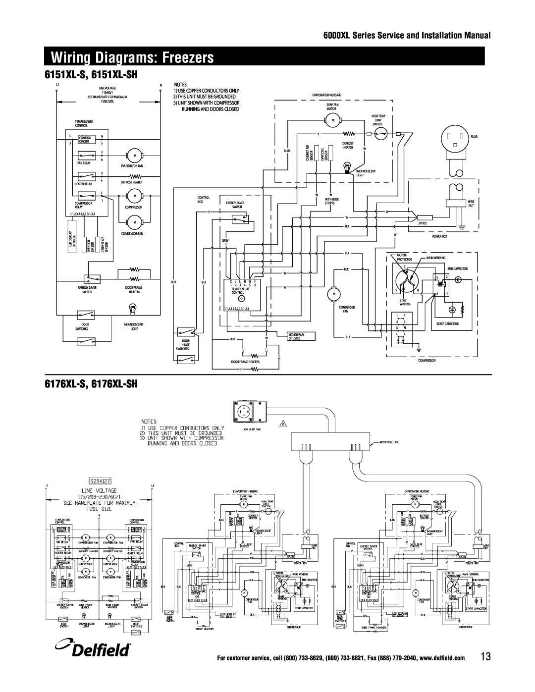 Delfield 6100XL manual Wiring Diagrams: Freezers, 6151XL-S, 6151XL-SH, 6176XL-S, 6176XL-SH, Delfield, Notes 