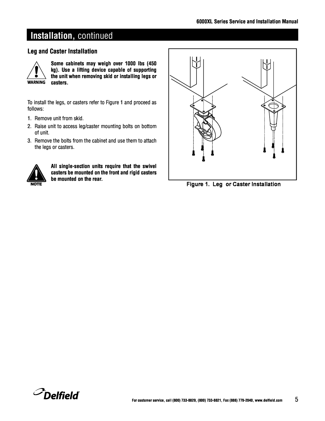 Delfield 6100XL manual Installation, continued, Leg and Caster Installation, Delfield, Leg or Caster Installation 