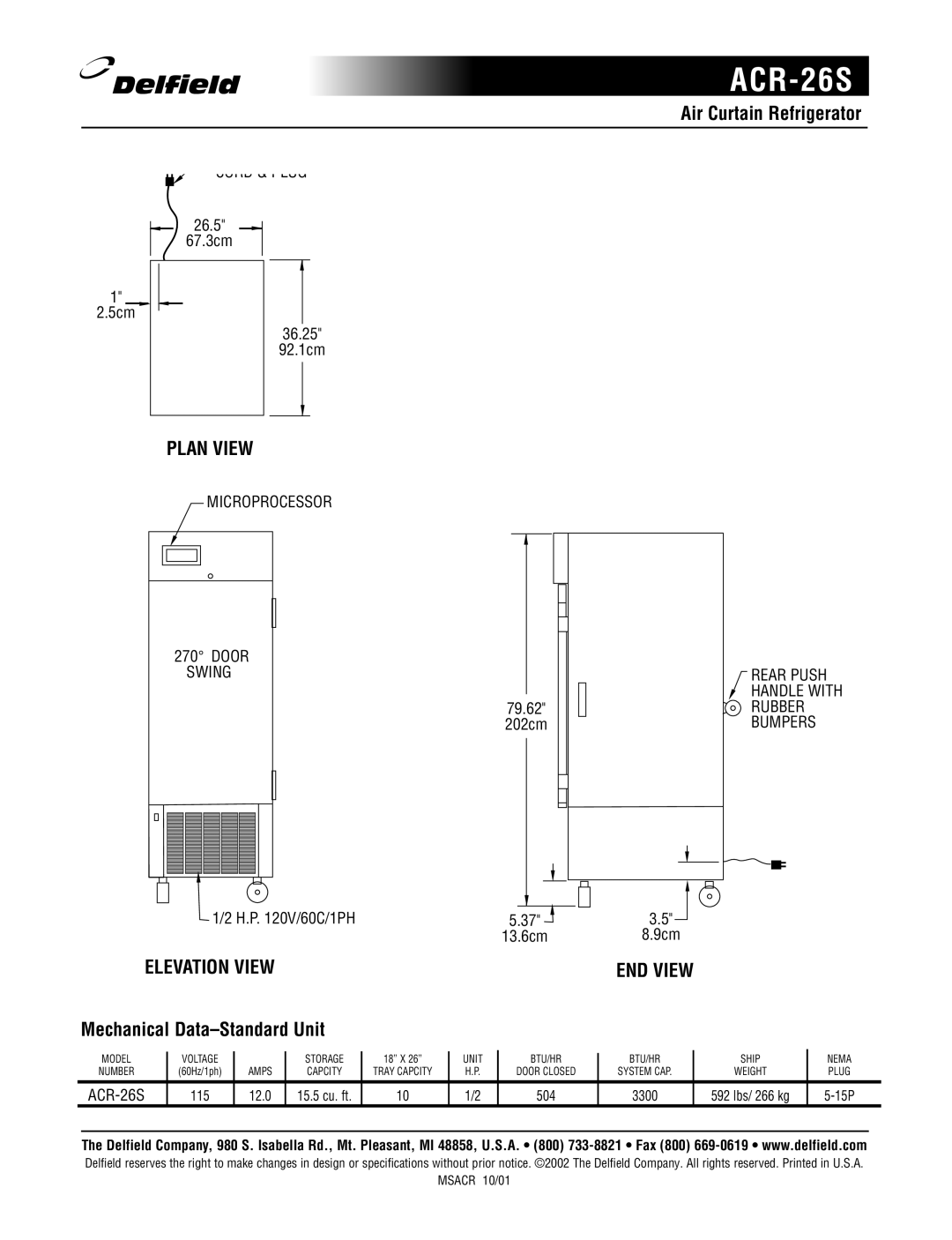 Delfield ACR-26S specifications Plan View, Mechanical Data-Standard Unit 