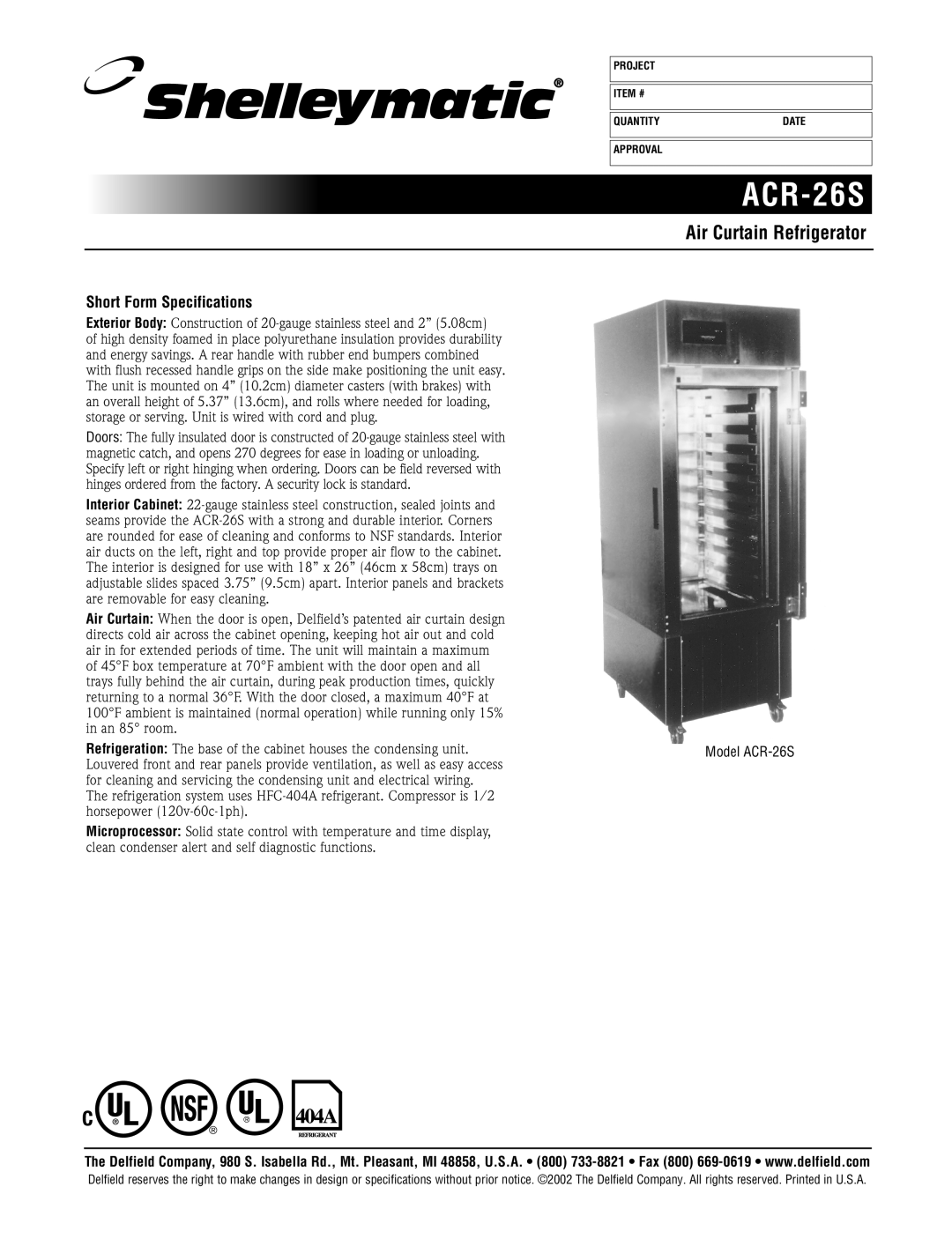 Delfield ACR-26S specifications Air Curtain Refrigerator, Short Form Specifications 