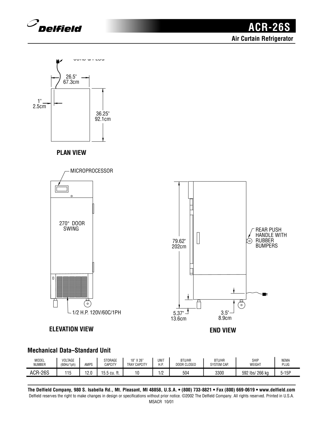 Delfield ACR-26S specifications Plan View, End View, Air Curtain Refrigerator, Mechanical Data-StandardUnit, Elevation View 