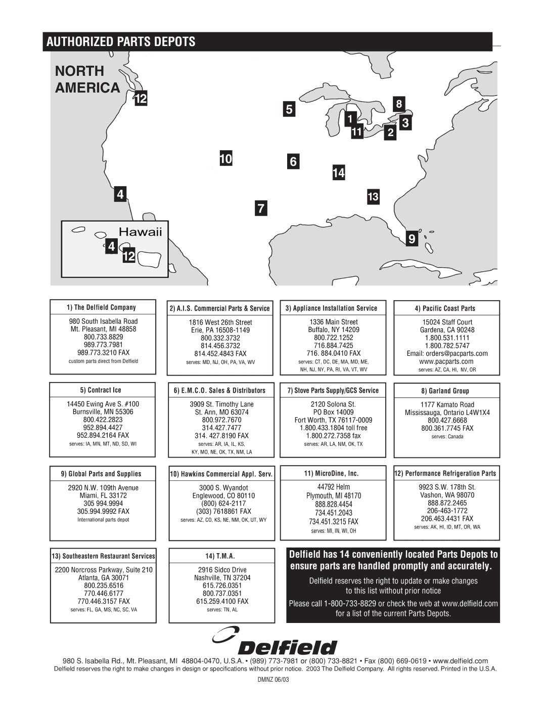 Delfield Cold Food Bars manual North America, Authorized Parts Depots 