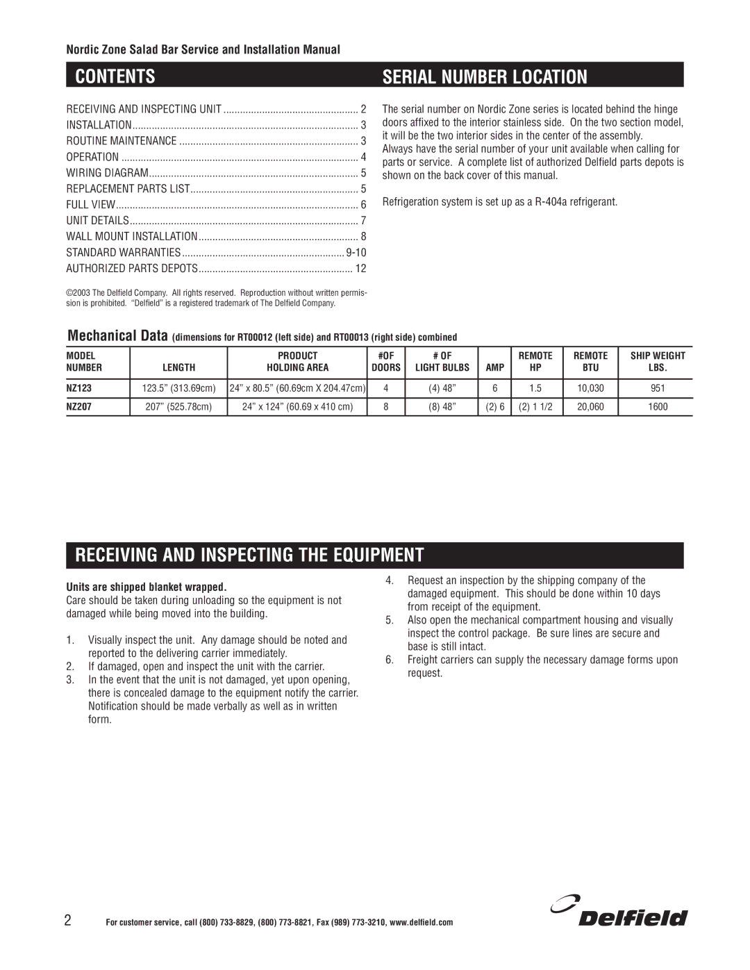 Delfield Cold Food Bars manual Contents 