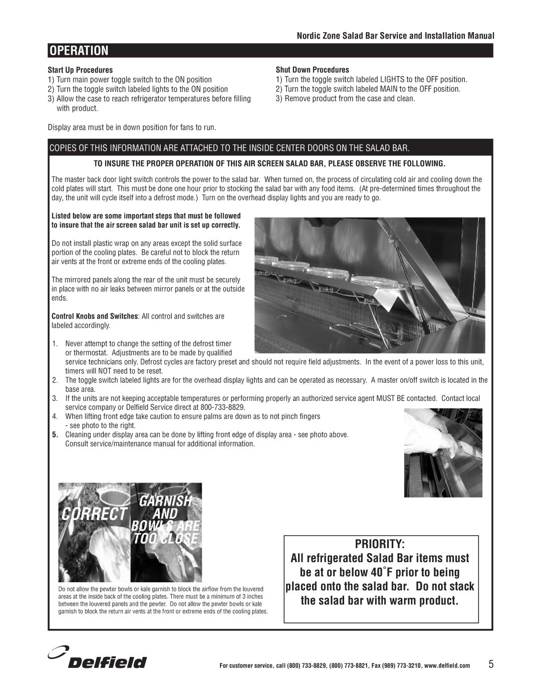 Delfield Cold Food Bars manual Operation, Start Up Procedures, Shut Down Procedures 