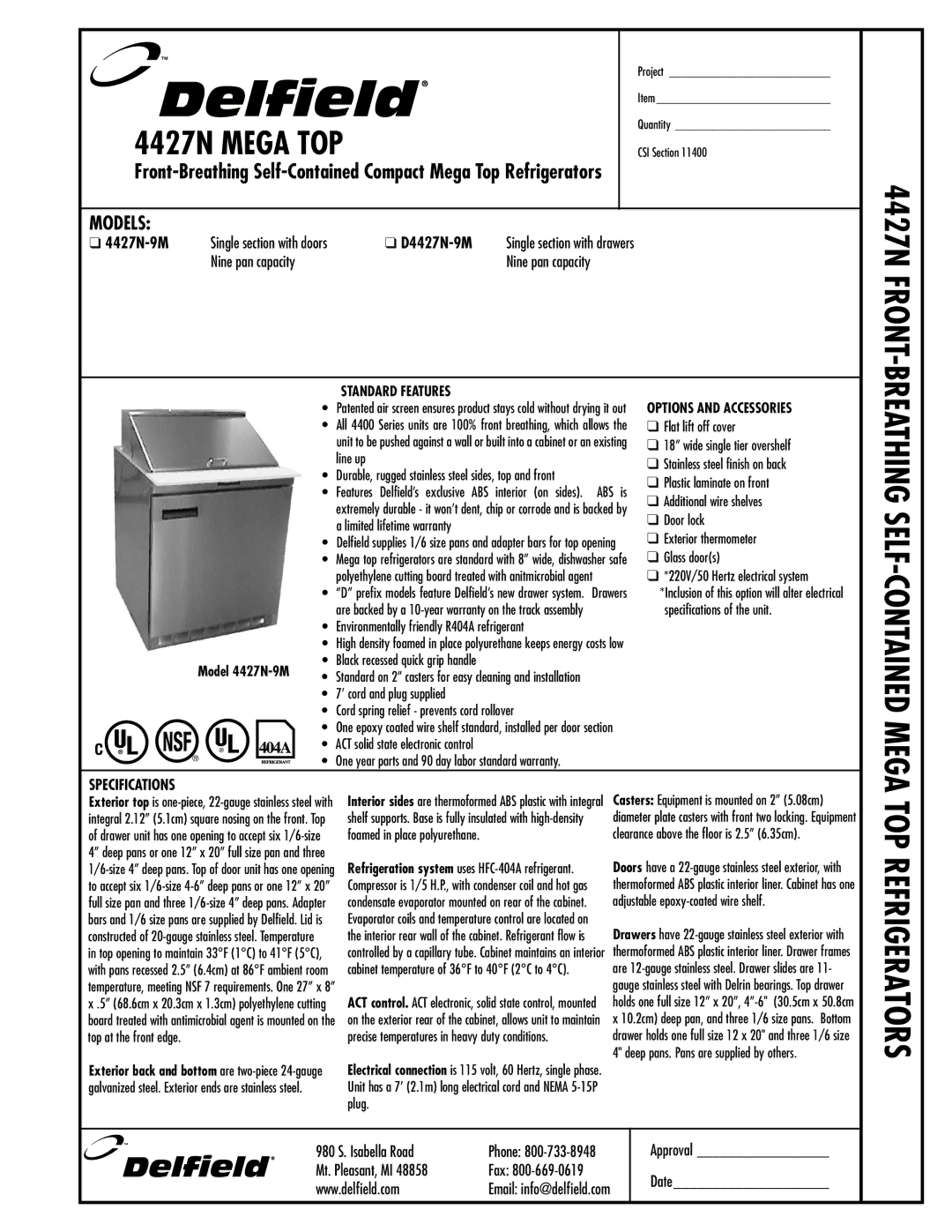 Delfield D4427N-9M specifications Standard Features, Options and Accessories 