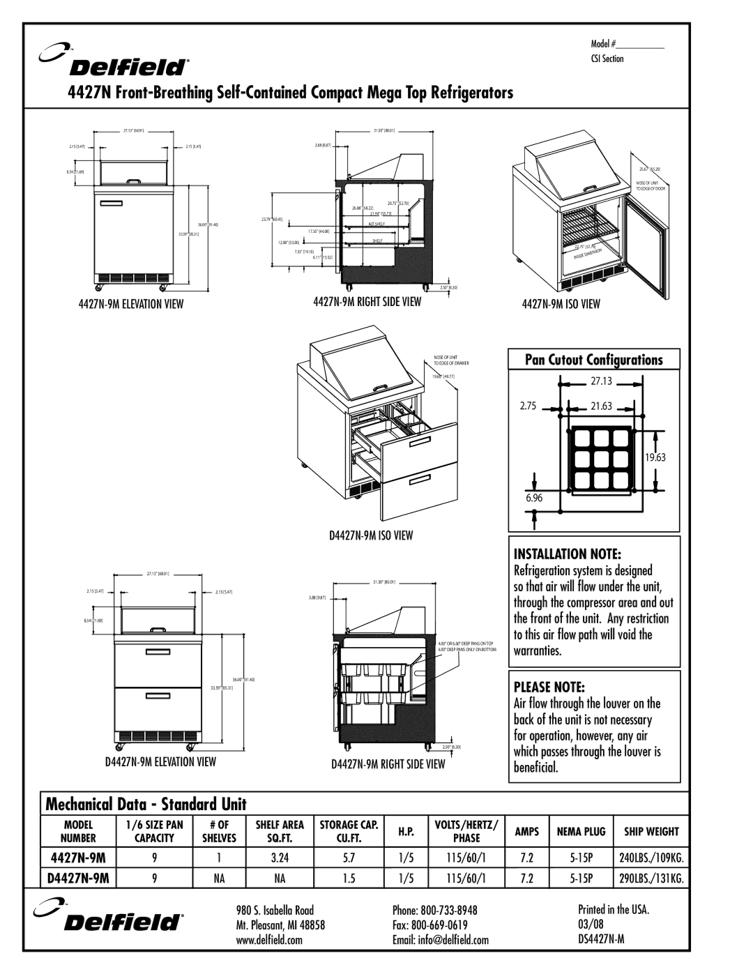 Delfield D4427N-9M specifications 4427N-9M Elevation View, Size PAN 