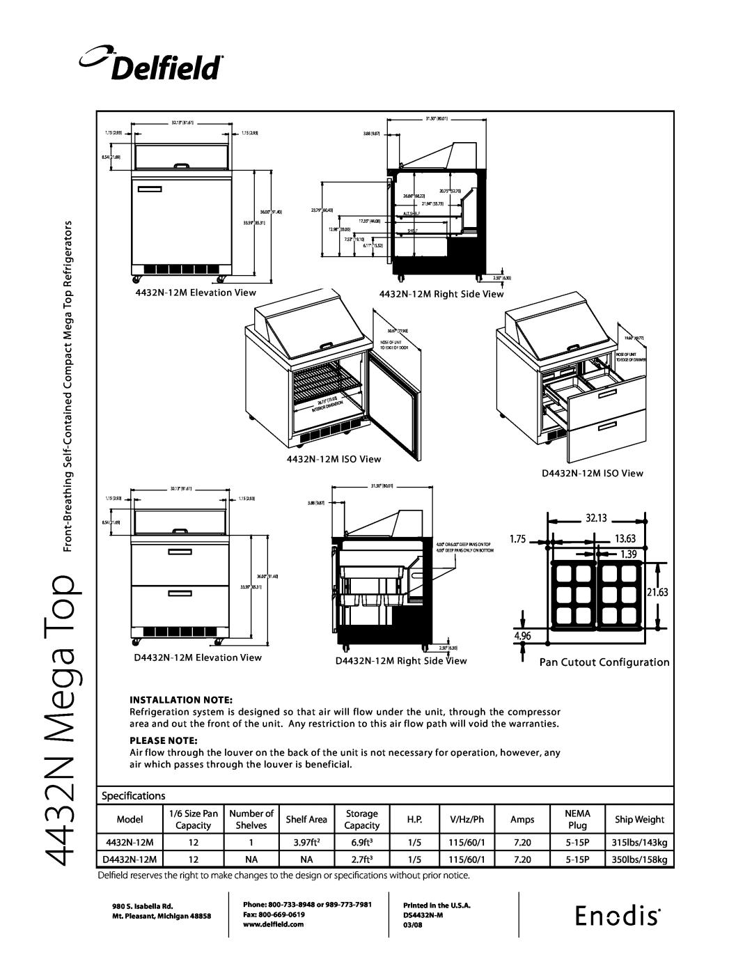 Delfield D4432N-12M Refrigerators, Contained Compact Mega Top, Self, Top Front-Breathing, Pan Cutout Configuration,  