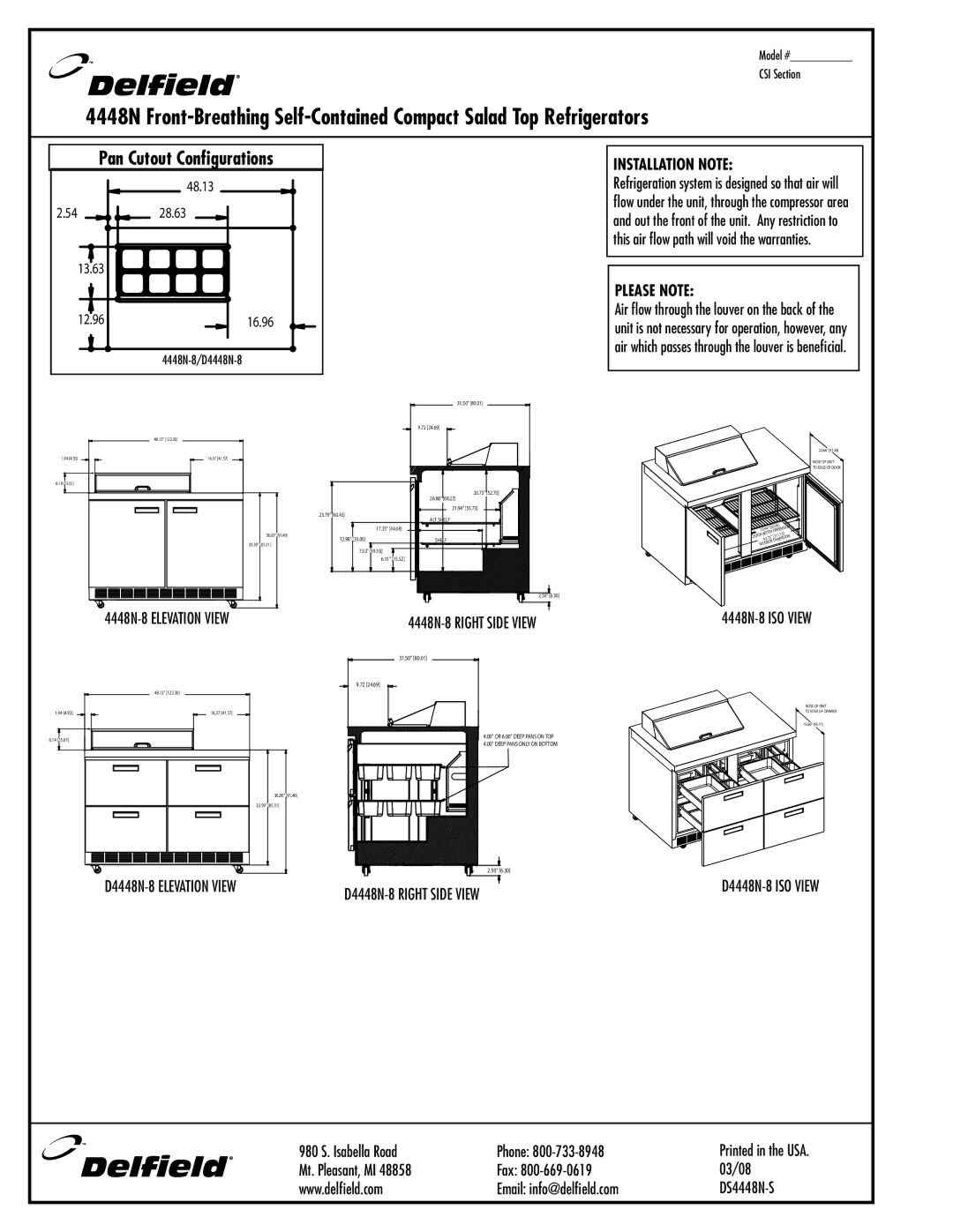 Delfield D4448N-12 manual 4448N-8 Elevation View, D4448N-8 ISO View D4448N-8 Right Side View 
