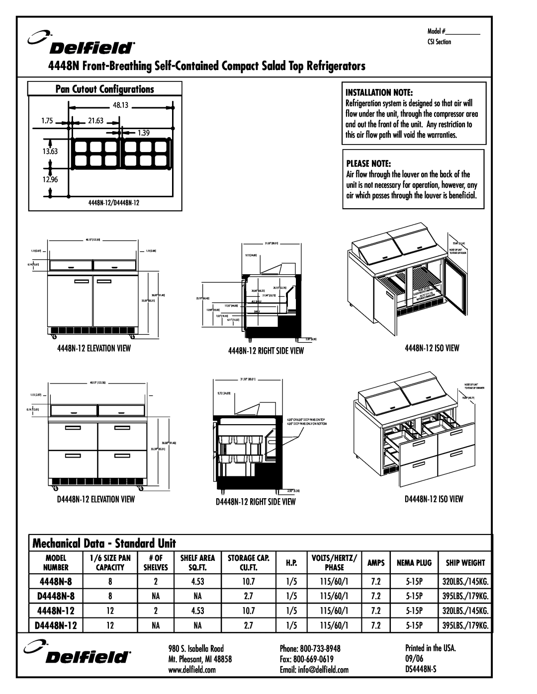 Delfield Mechanical Data - Standard Unit, 4448N-8, D4448N-12, Pan Cutout Configurations, Installation Note, Please Note 