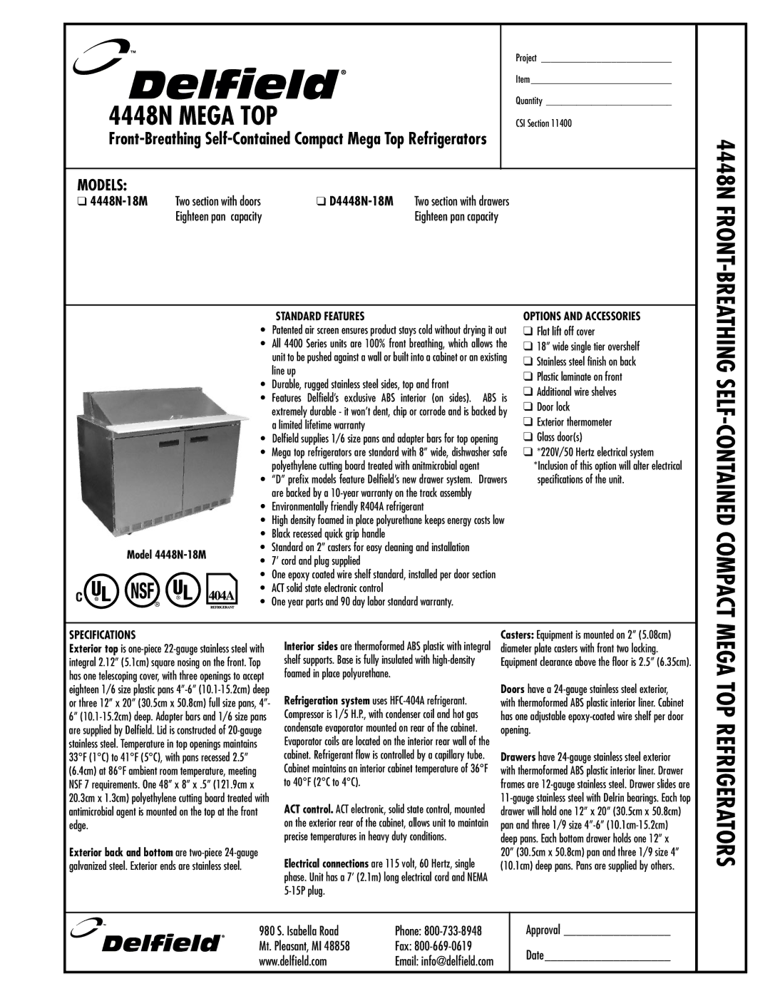 Delfield D4448N-18M specifications Standard Features, Options and Accessories, Specifications 