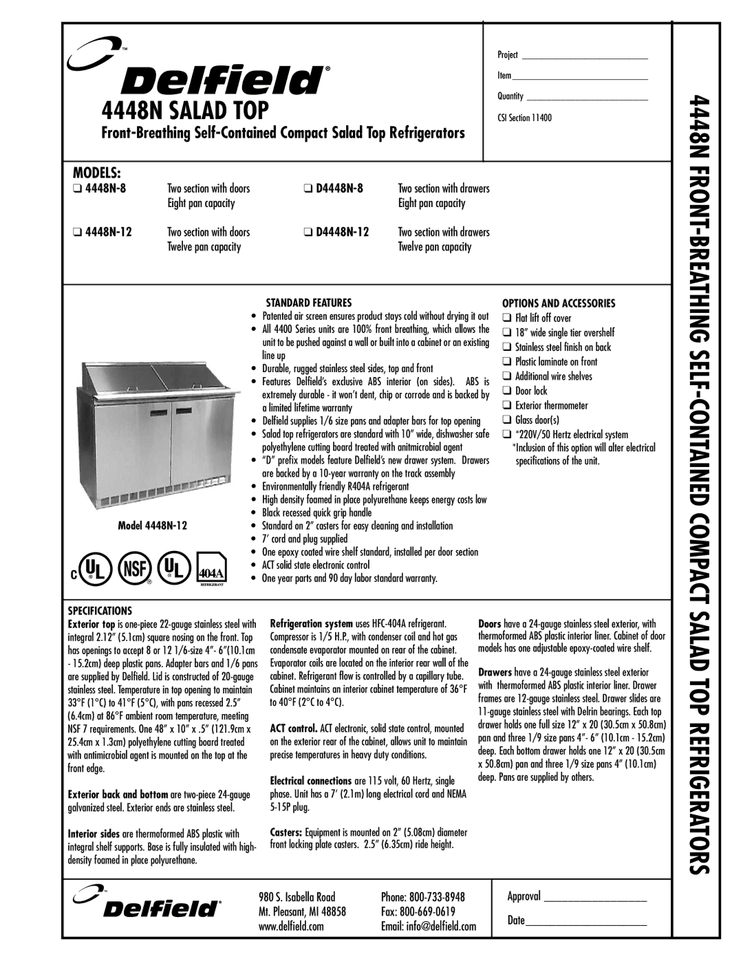 Delfield D4448N-8 specifications 980 S. Isabella Road, Approval Mt. Pleasant, MI Fax Date 