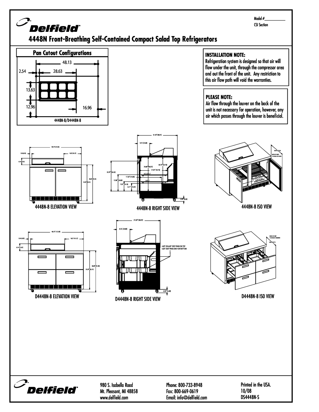 Delfield D4448N-8 specifications Pan Cutout Configurations, Installation Note, Please Note 