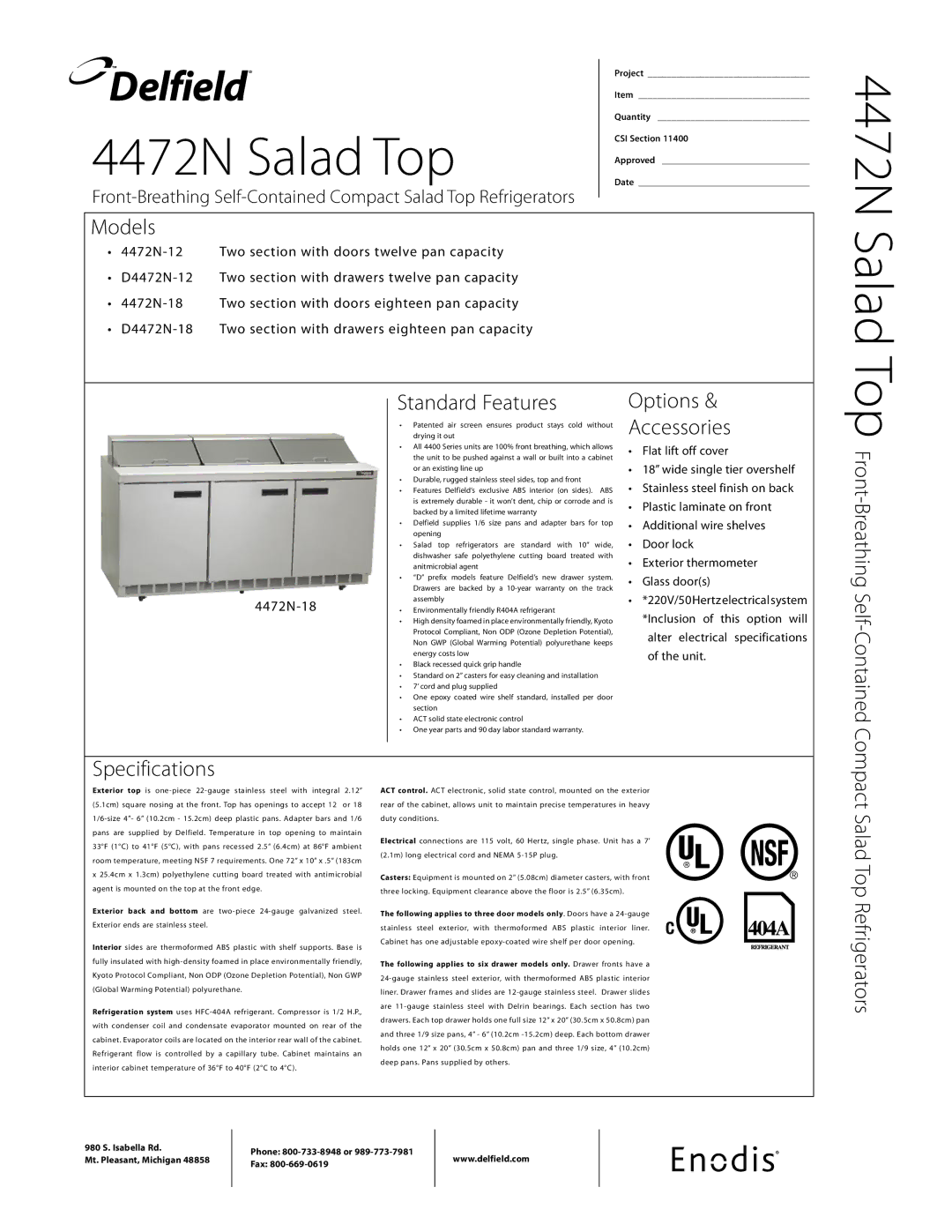 Delfield D4472N-18, D4472N-12 specifications 4472N Salad Top 