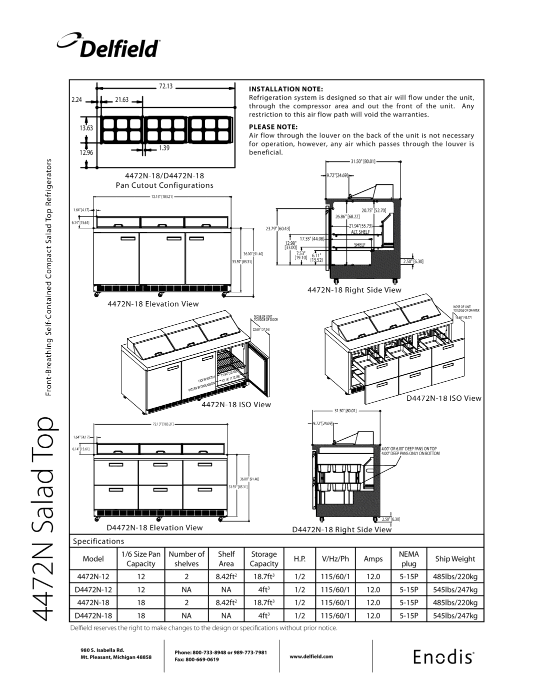 Delfield D4472N-12 Breathing Self-Contained Compact Salad Top Refrigerators, 4472N-18 Elevation View, 4472N-18 ISO View 