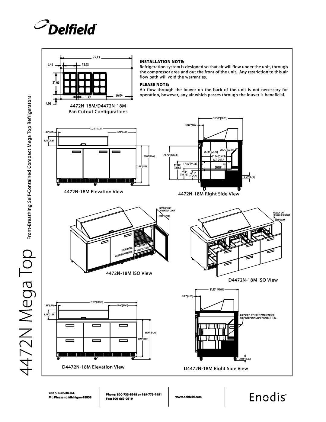 Delfield manual 4472N Mega Top, Refrigerators, 4472N-18M/D4472N-18M Pan Cutout Configurations, 4472N-18M Elevation View 