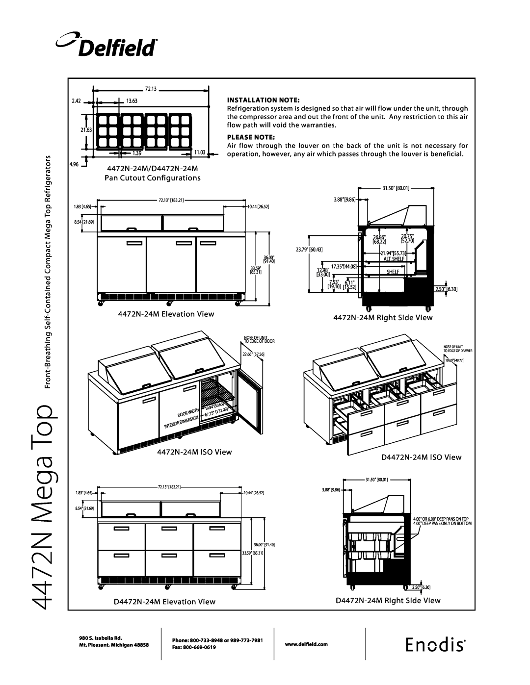 Delfield Contained Compact Mega Top Refrigerators,  4472N-24M/D4472N-24M Pan Cutout Configurations, Self, Delfield 