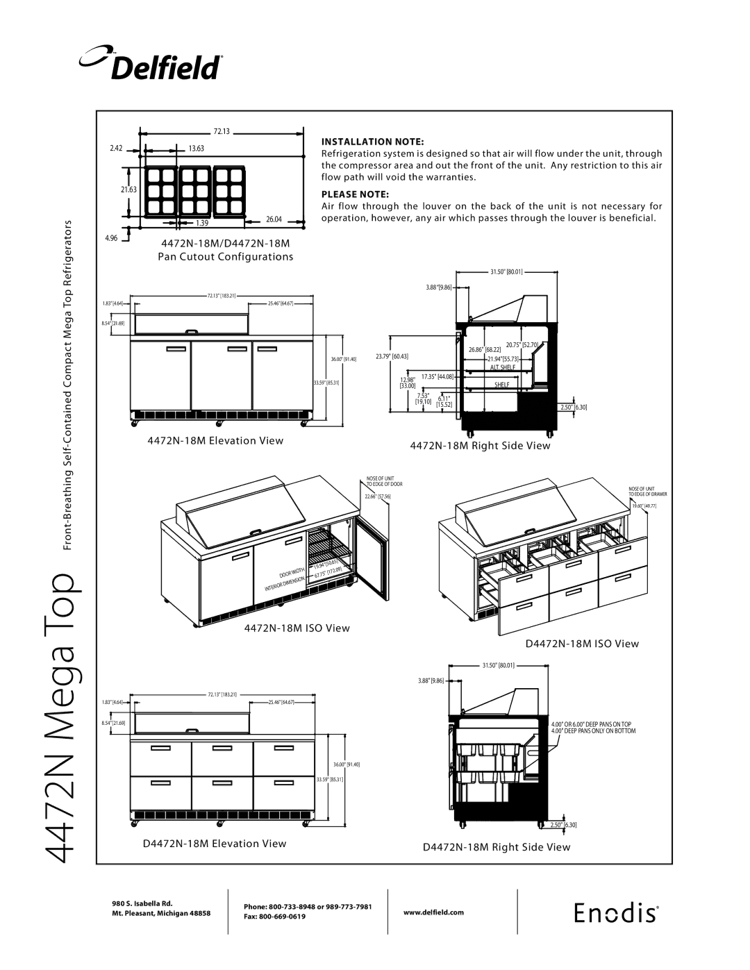 Delfield D4472N-M specifications Refrigerators, 4472N-18M/D4472N-18M Pan Cutout Configurations, 4472N-18M ISO View 