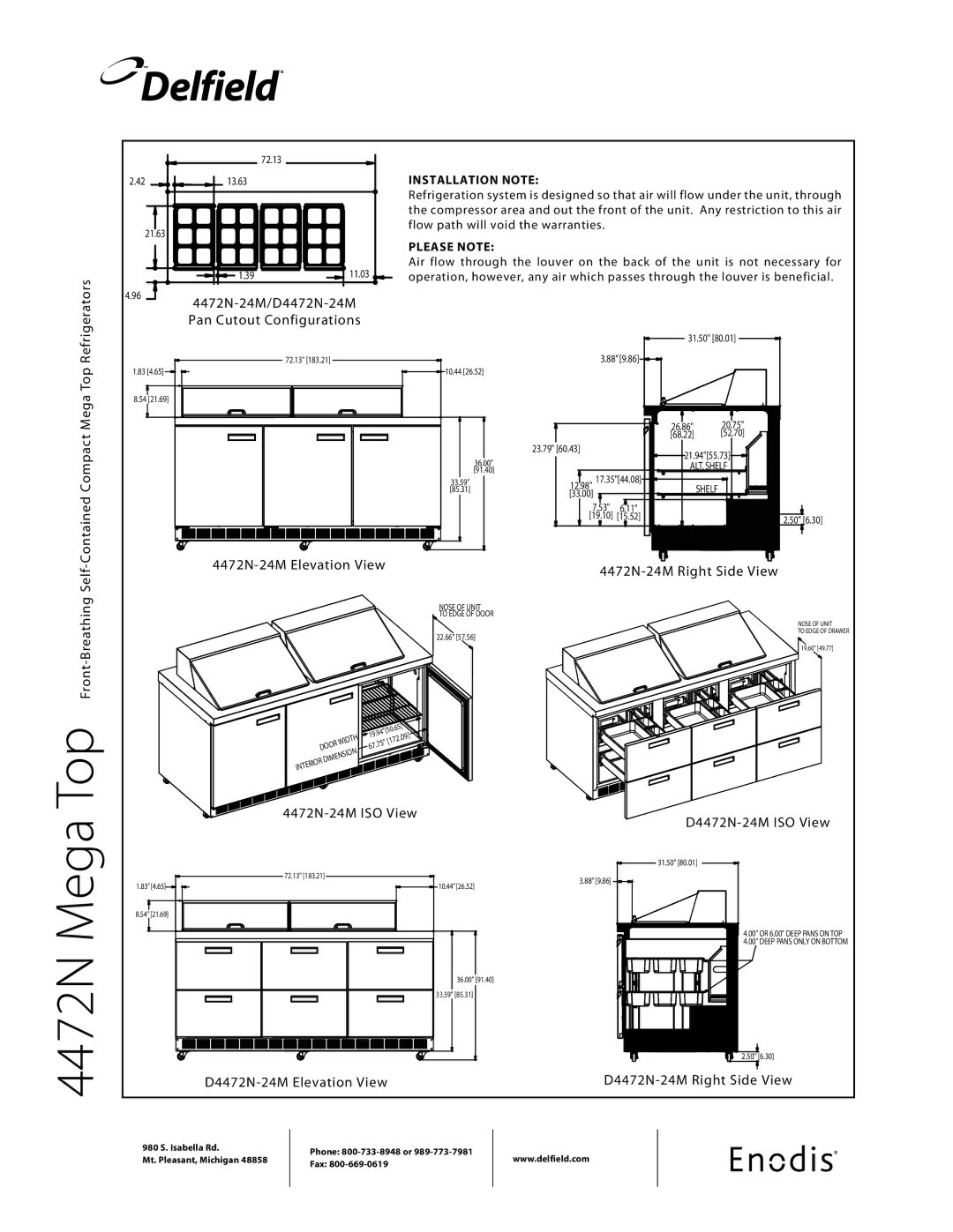 Delfield 4472N-M 4472N-24M/D4472N-24M Pan Cutout Configurations, Self-Contained Compact Mega Top, 4472N-24M Elevation View 