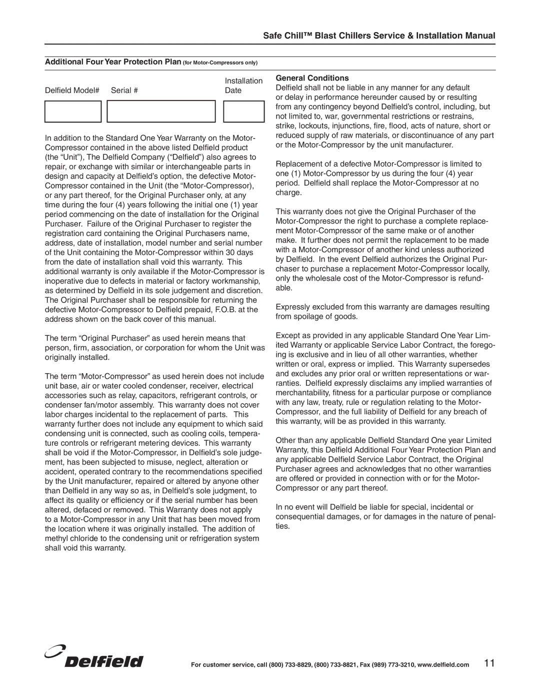 Delfield DBC-10 manual General Conditions 