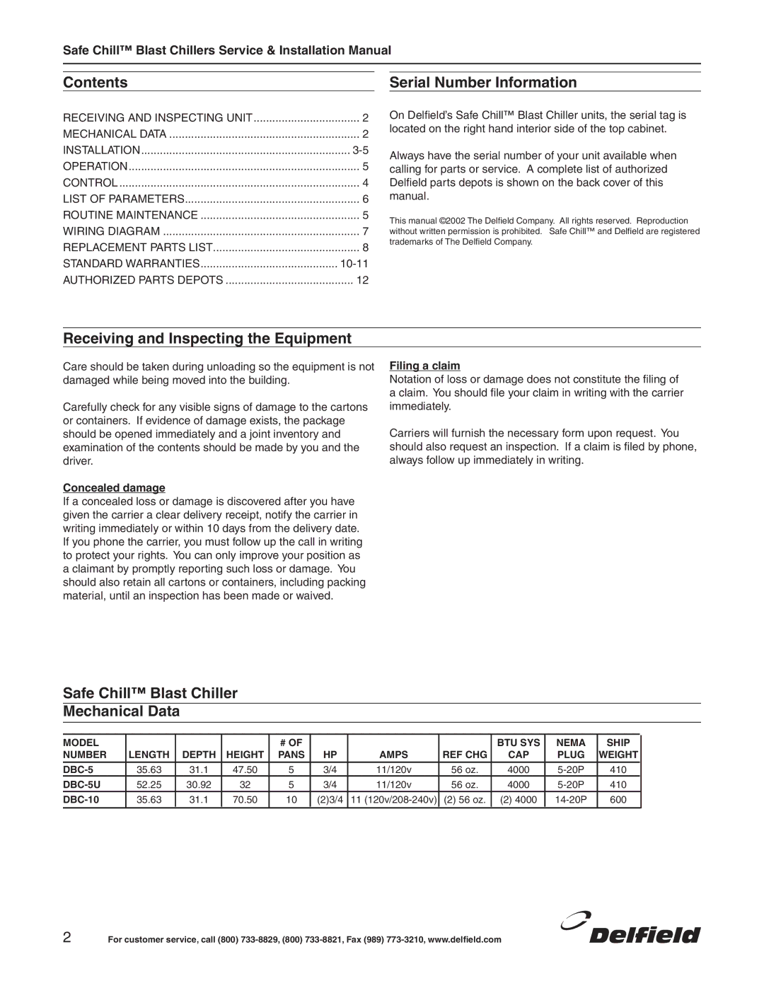 Delfield DBC-10 manual Contents Serial Number Information, Receiving and Inspecting the Equipment 