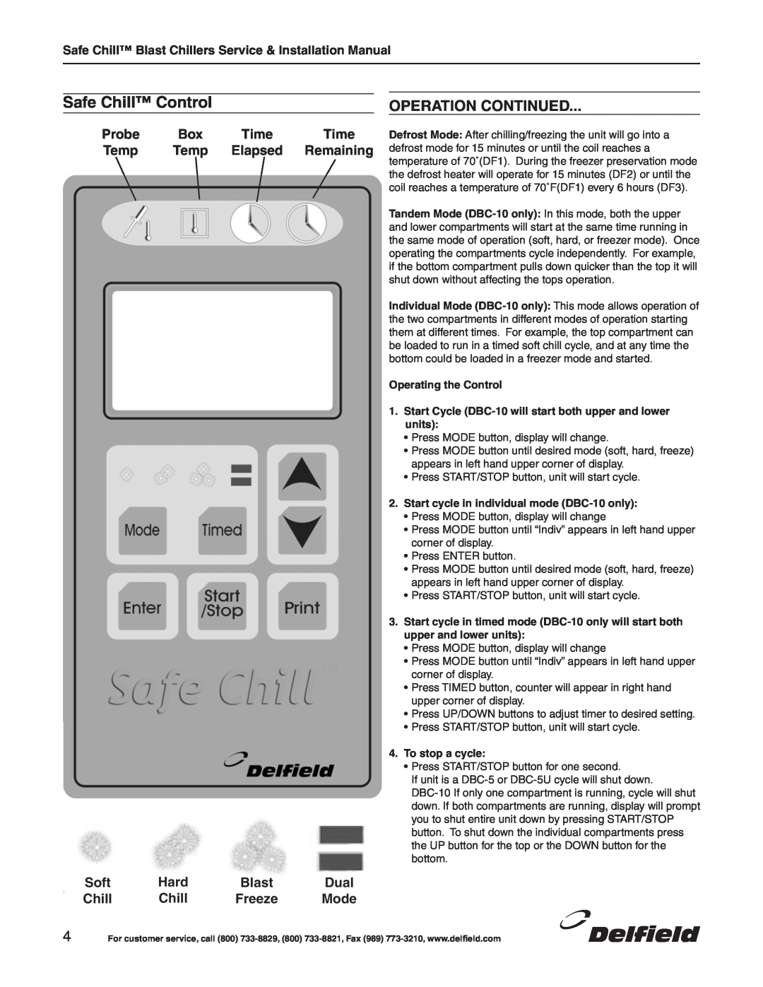 Delfield DBC-10 Safe Chill Control, Operation Continued, Probe, Time, Temp, Elapsed, Remaining, Soft, Hard, Blast, Dual 