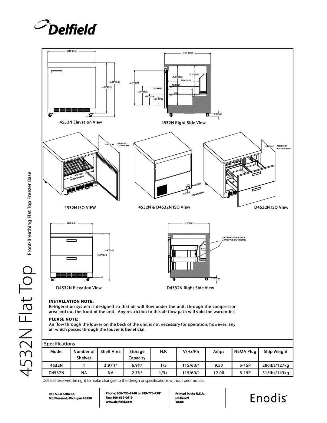 Delfield DS4532N specifications Flat Top Freezer Base, Specifications, 4532N Flat, Delfield, Installation Note, Please Note 