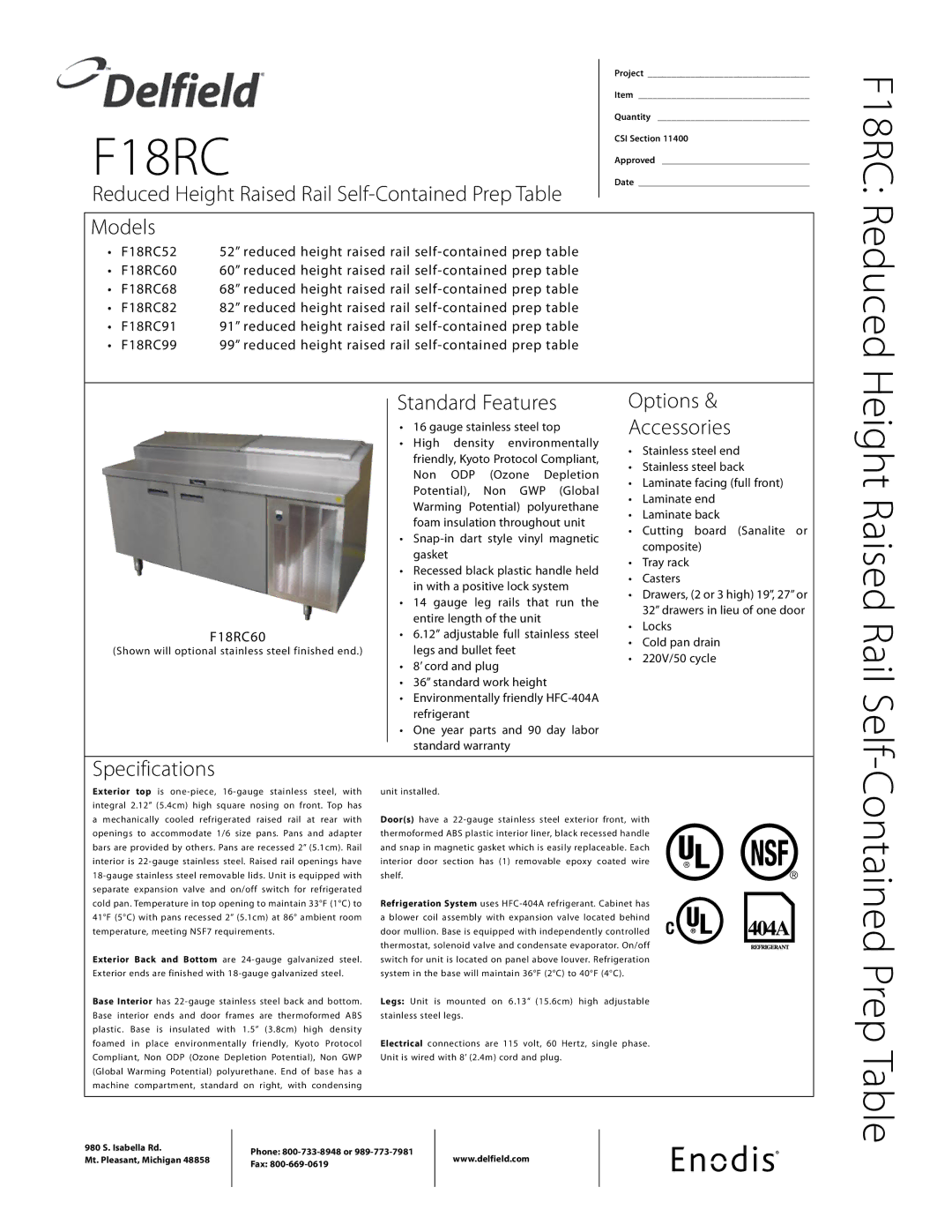 Delfield F18RC52, F18RC68, F18RC91, F18RC99, F18RC82 specifications F18RC60 