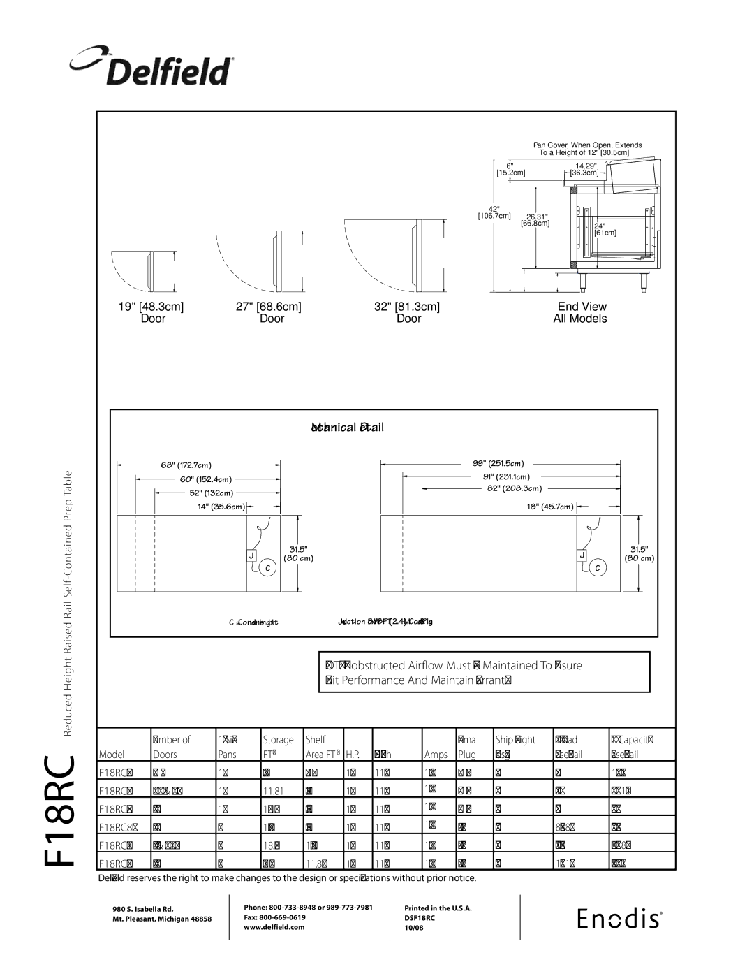 Delfield F18RC99 Rail Self-Contained Prep Table, Number Size Storage Shelf Nema, BTU Load, Model Doors Pans, 5286/2191 