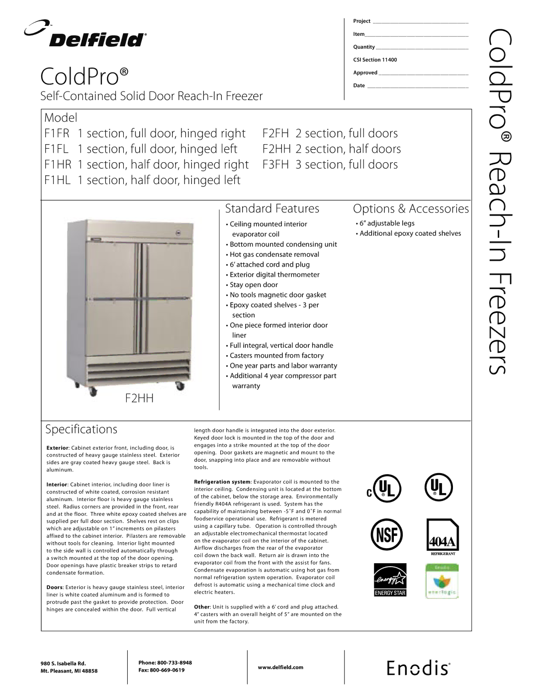 Delfield F1HL 1, F3FH 3, F1FR 1, F1HR 1, F2FH 2, F2HH 2, F1FL 1 specifications Freezers, ColdPro Reach 