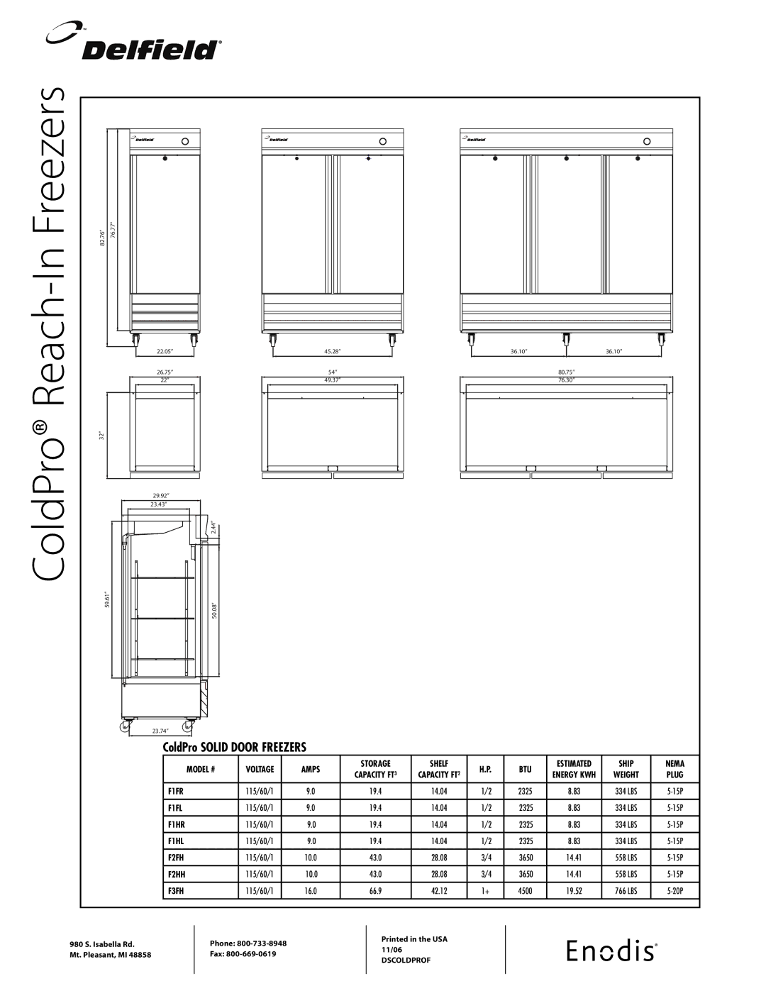 Delfield F1FR 1, F3FH 3, F1HL 1, F1HR 1, F2FH 2, F2HH 2, F1FL 1 ColdPro Reach-In Freezers, ColdPro Solid Door Freezers 