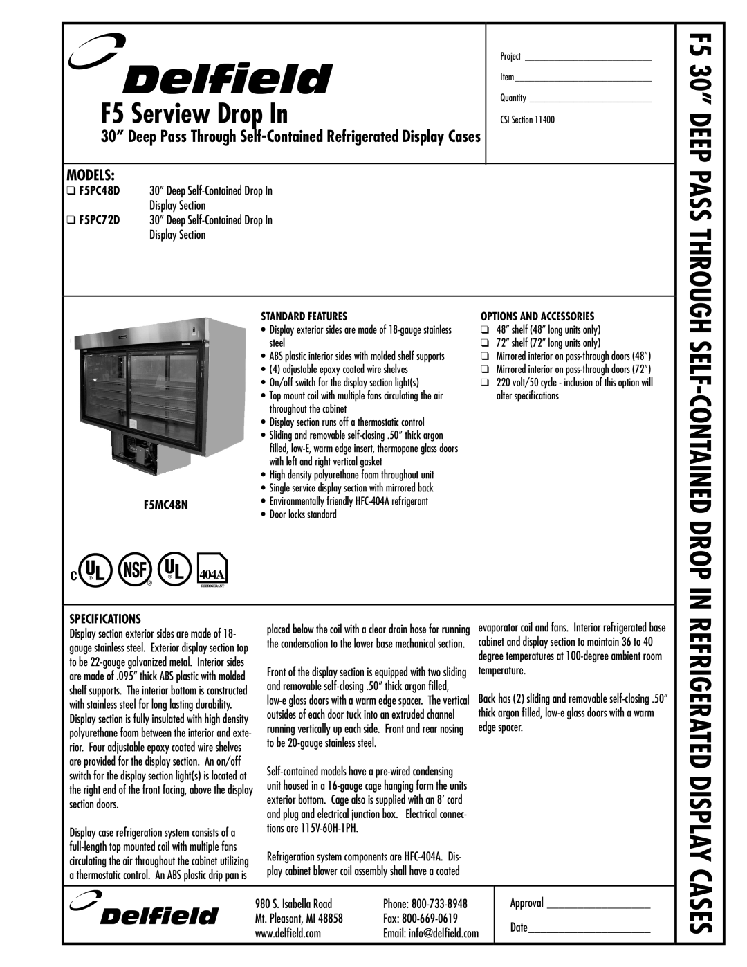 Delfield F5MC48N manual F5 30 Deep Pass Through SELF-CONTAINED Drop, Cases, Specifications 