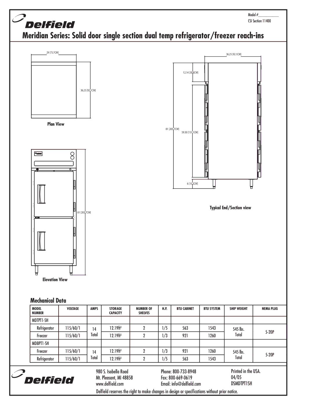 Delfield MDTPT1-SH, MDBPT1-SH specifications Mechanical Data 