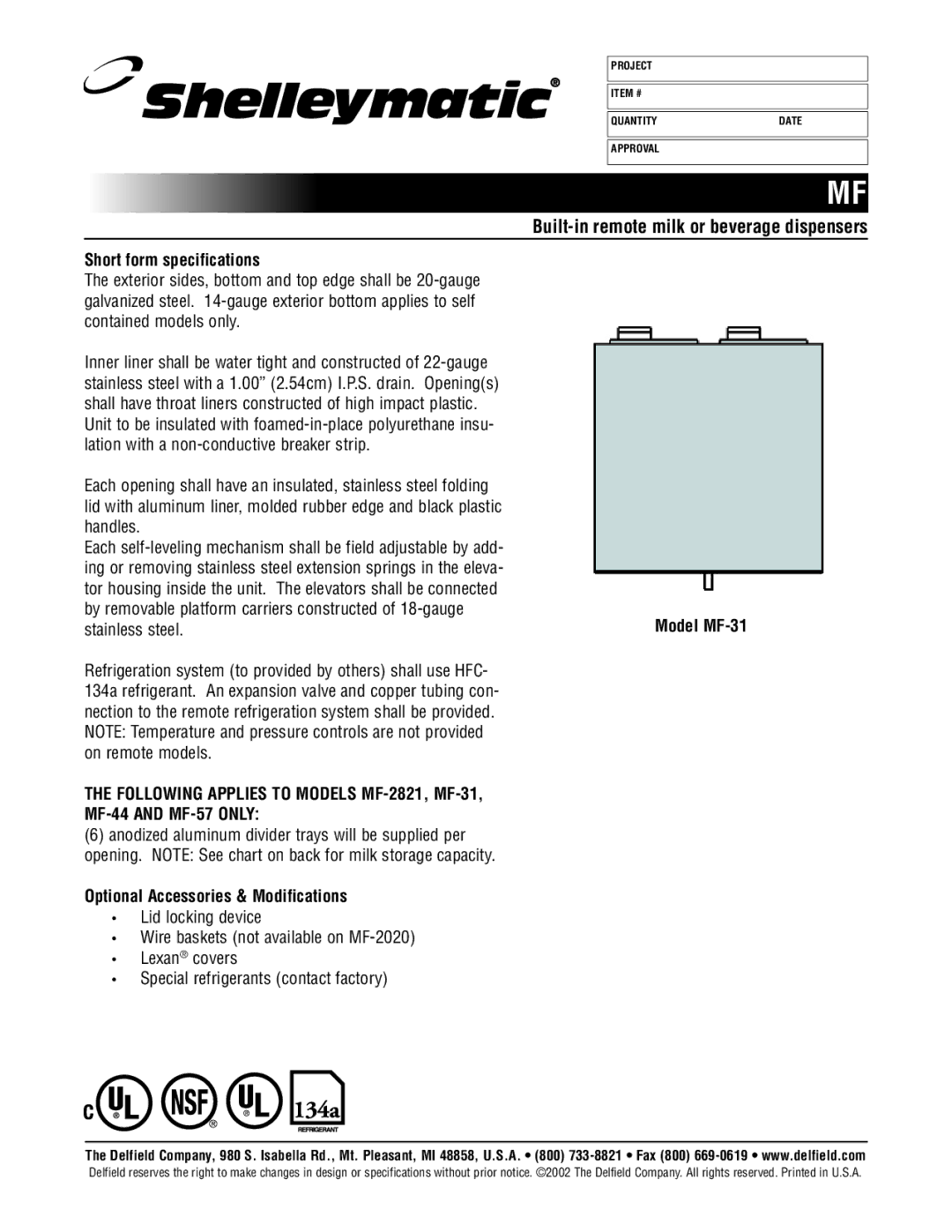 Delfield specifications Short form specifications, Optional Accessories & Modifications, Model MF-31 