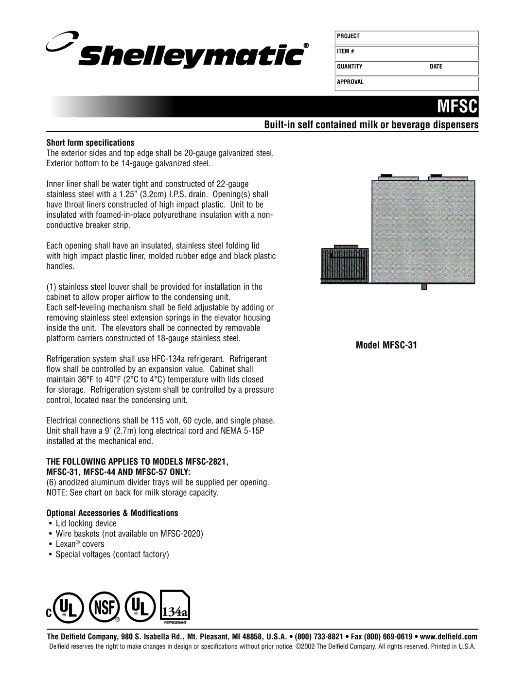 Delfield MFSC-31 specifications Short form specifications, Optional Accessories & Modifications 