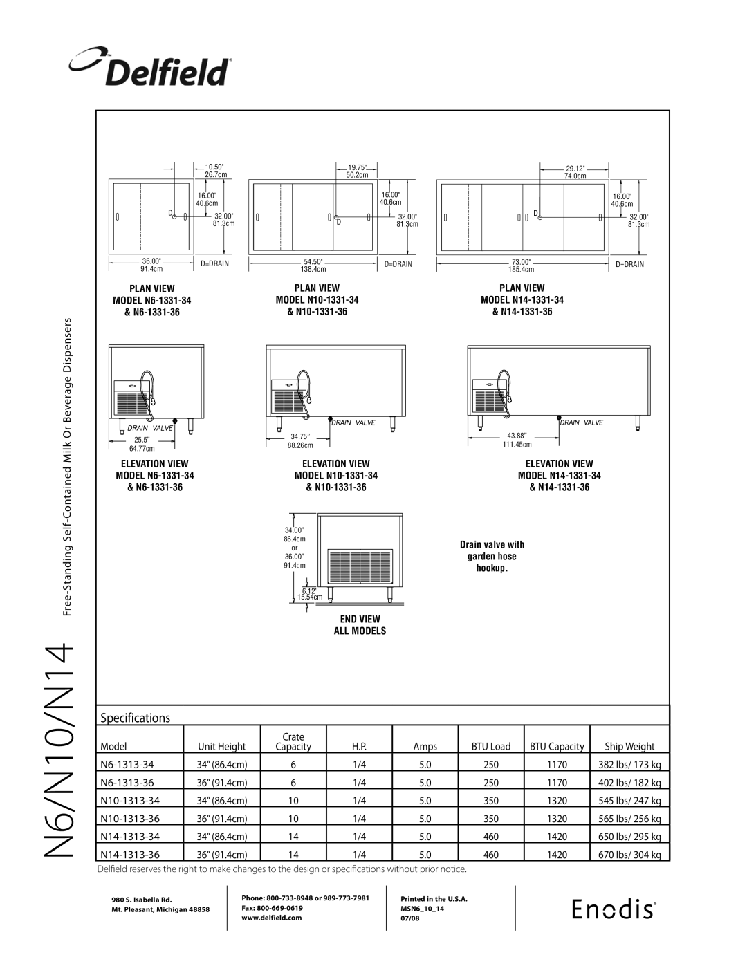 Delfield N6 Free-Standing Self-Contained Milk Or Beverage Dispensers, Model Unit Height Crate Amps BTU Load, Ship Weight 