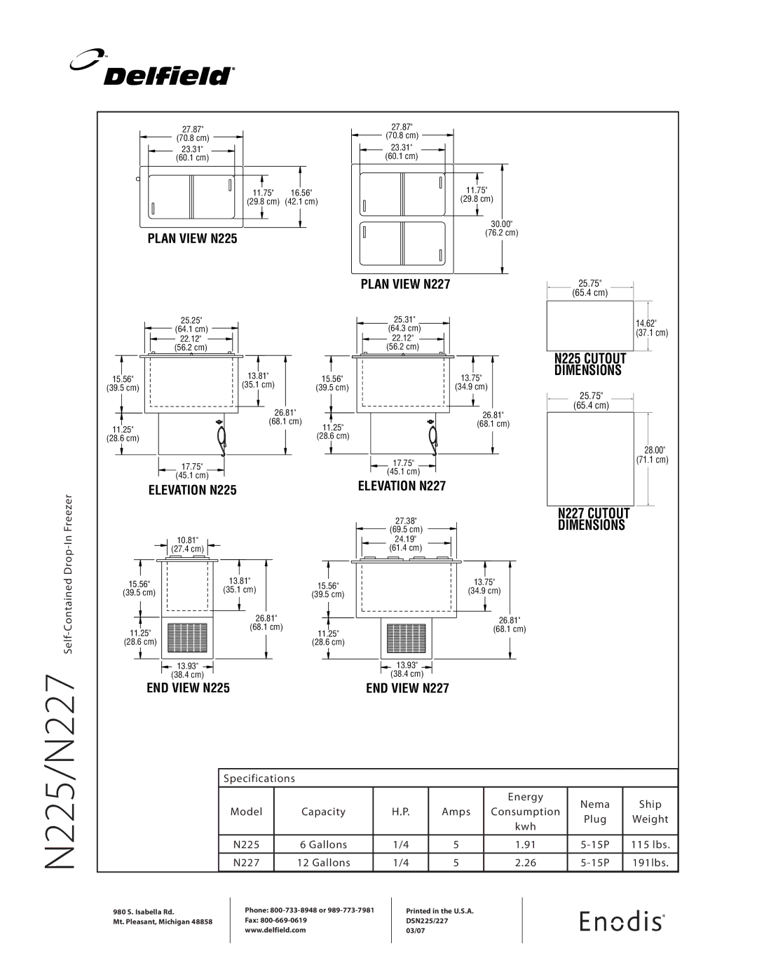 Delfield specifications Plan View N225, Elevation N225, END View N225, Plan View N227, Elevation N227, END View N227 