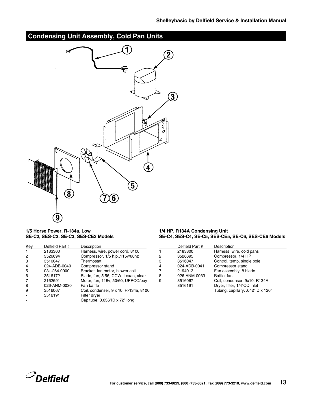 Delfield Shelleybasic manual Condensing Unit Assembly, Cold Pan Units 