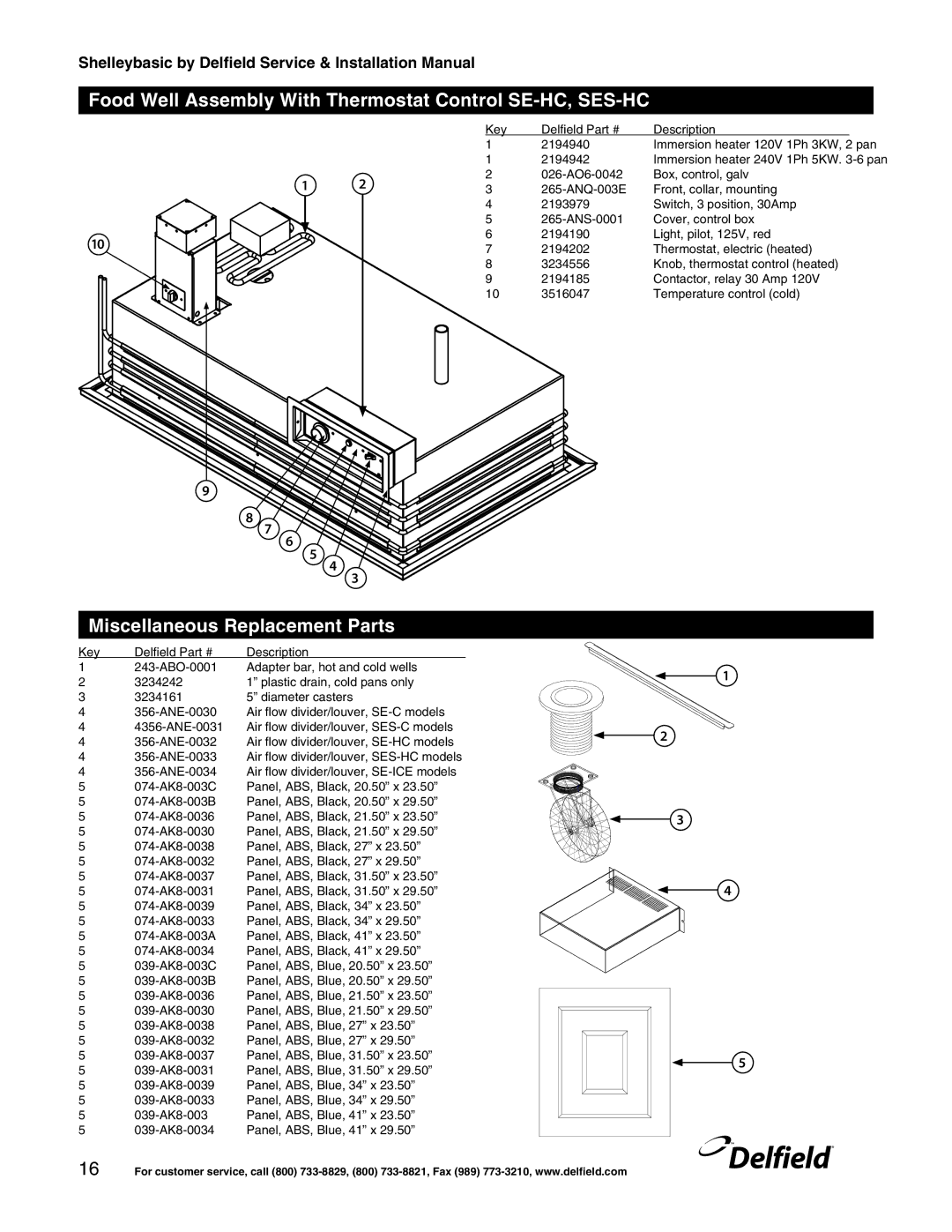 Delfield Shelleybasic manual Food Well Assembly With Thermostat Control SE-HC, SES-HC, Miscellaneous Replacement Parts 