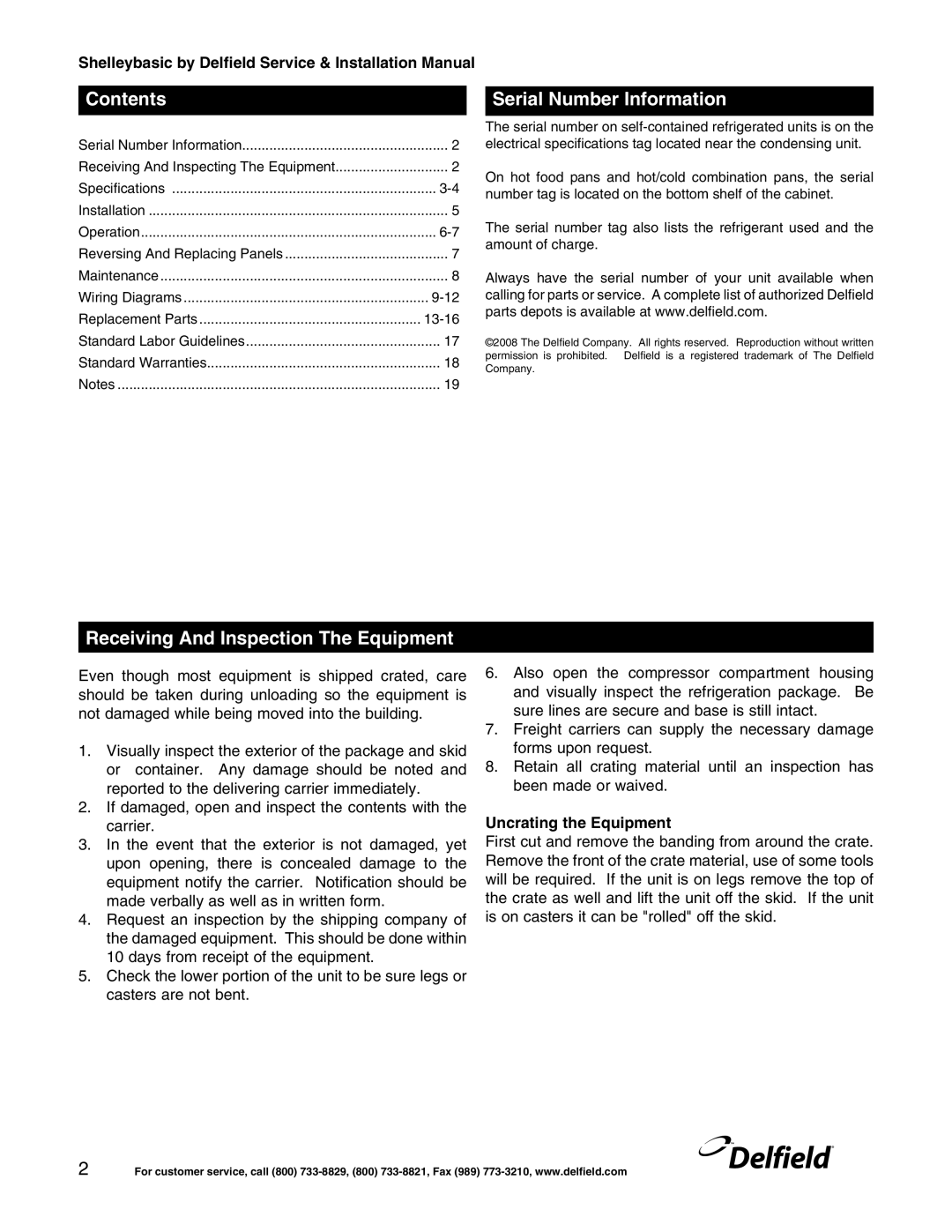 Delfield Shelleybasic manual Contents, Serial Number Information, Receiving And Inspection The Equipment 