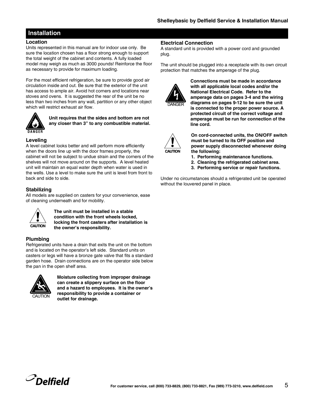 Delfield Shelleybasic manual Location, Leveling, Stabilizing, Plumbing, Electrical Connection 