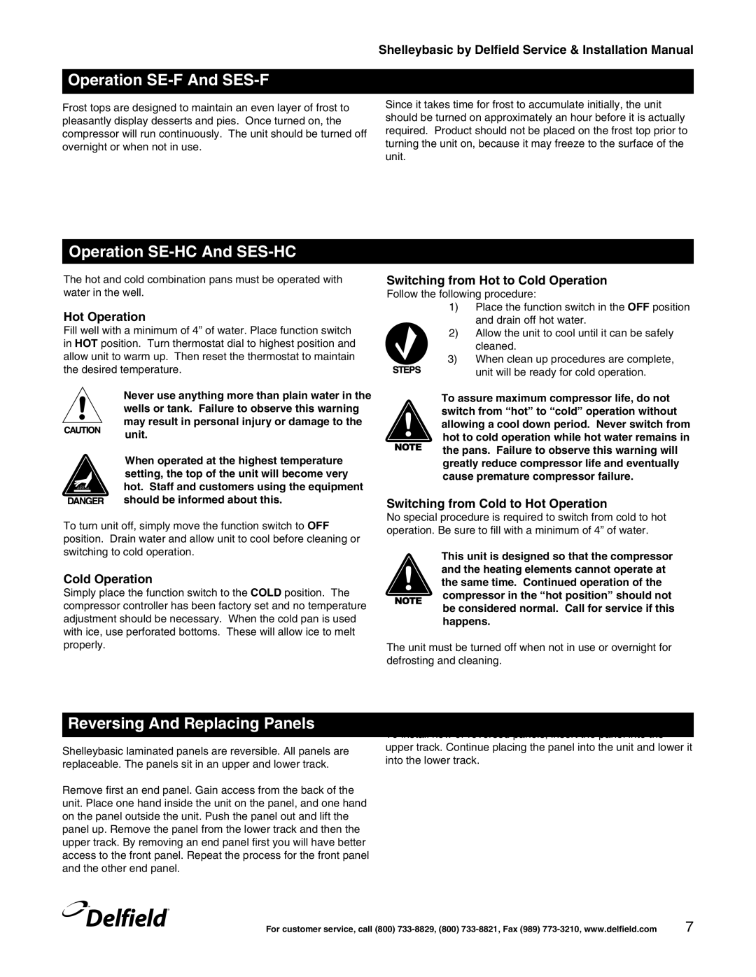 Delfield Shelleybasic manual Operation SE-F And SES-F, Operation SE-HC And SES-HC, Reversing And Replacing Panels 