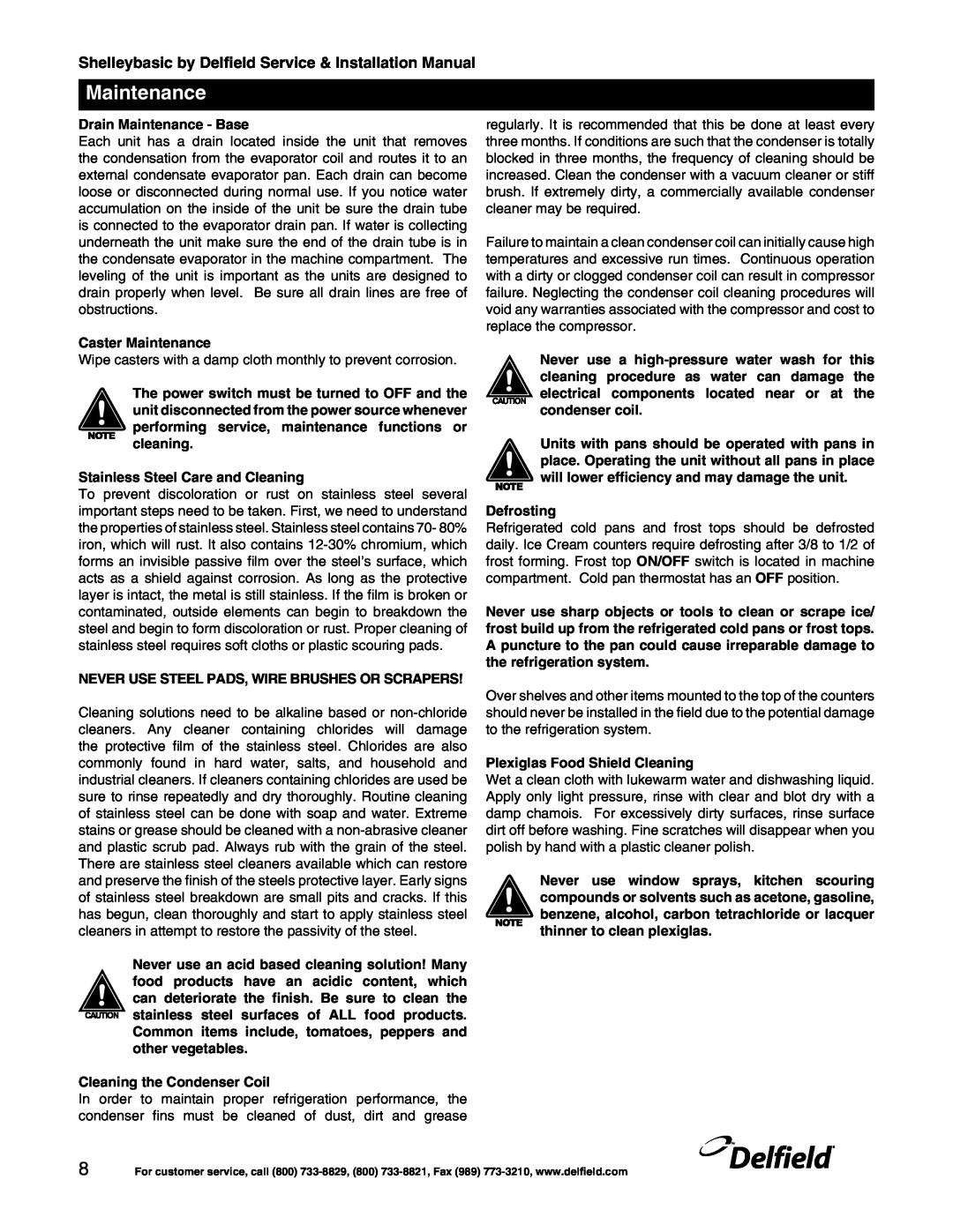 Delfield manual Maintenance, Shelleybasic by Delfield Service & Installation Manual 