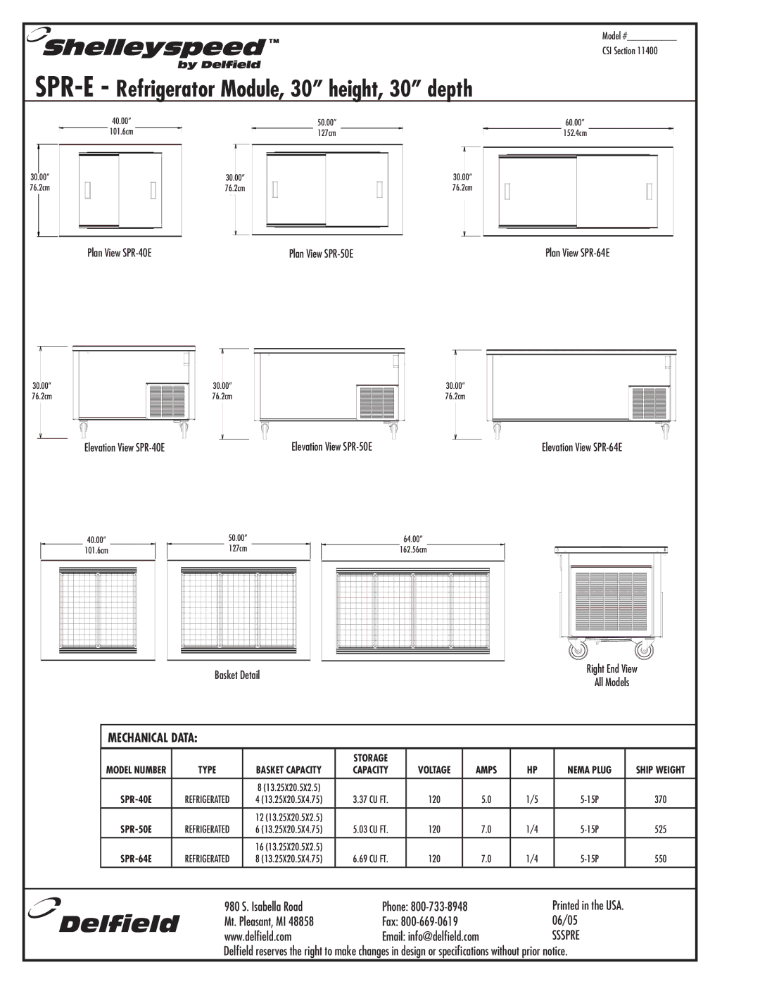 Delfield SPR-64E Mechanical Data, Plan View SPR-40E Plan View SPR-50E, Elevation View SPR-40E, Elevation View SPR-50E 