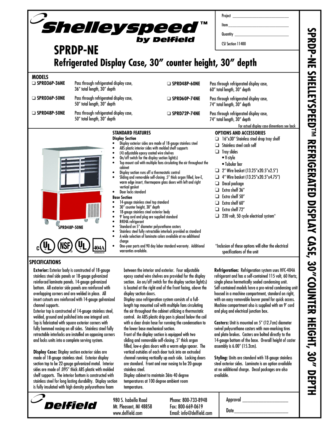 Delfield SPRD60P-74NE, SPRD72P-74NE specifications Models, Specifications, Standard Features, Options and Accessories 