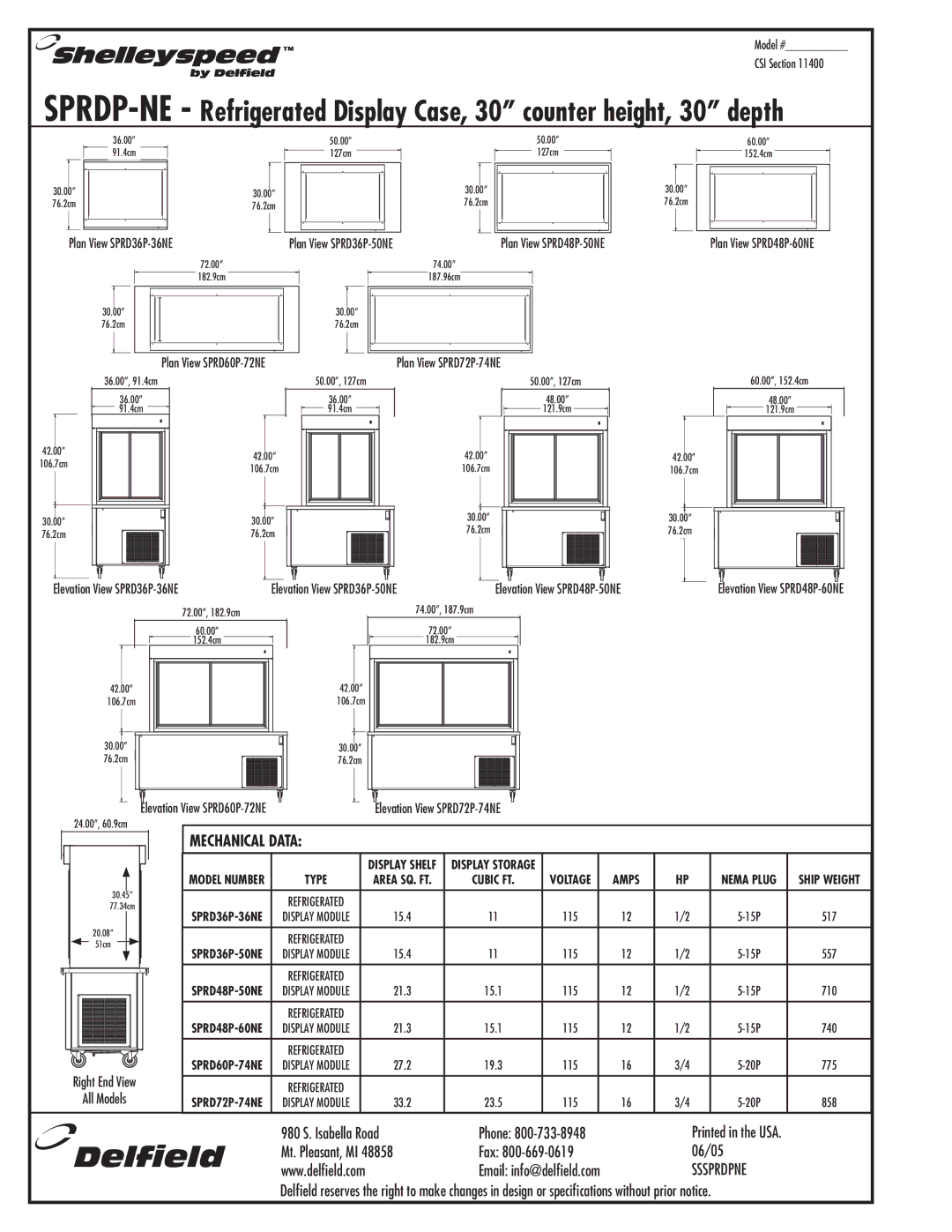 Delfield SPRD48P-60NE, SPRD72P-74NE, SPRD60P-74NE, SPRD36P-50NE, SPRD36P-36NE Mechanical Data, Plan View SPRD48P-50NE 