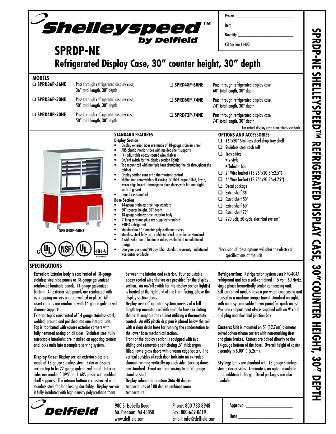 Delfield SPRD60P-74NE specifications Models, Specifications, 980 S. Isabella Road, Phone, Mt. Pleasant, MI, Fax, Sprdp-Ne 