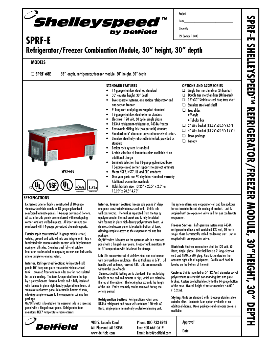 Delfield SPRF-68E manual Specifications, Standard Features, Options and Accessories 