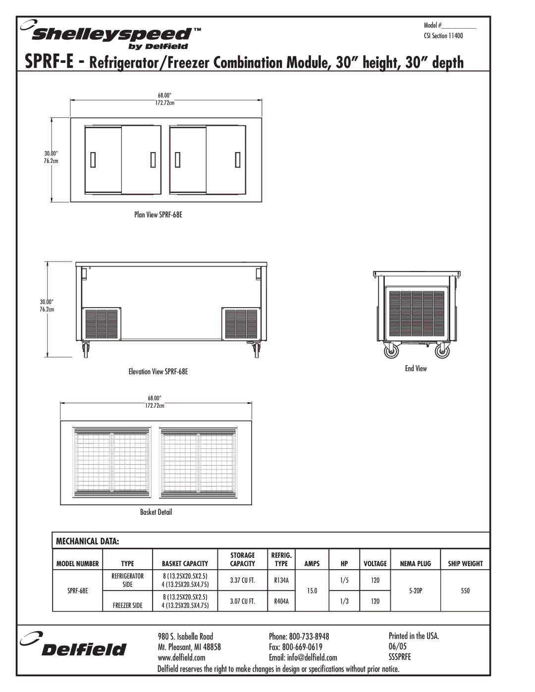 Delfield SPRF-68E manual Mechanical Data, Basket Capacity 