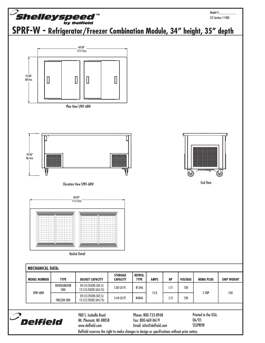 Delfield SPRF-68W manual Mechanical Data, Basket Capacity 